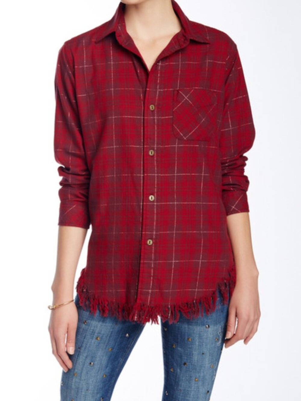 CURRENT ELLIOT red plaid button up cotton fringe shirt L long sleeve